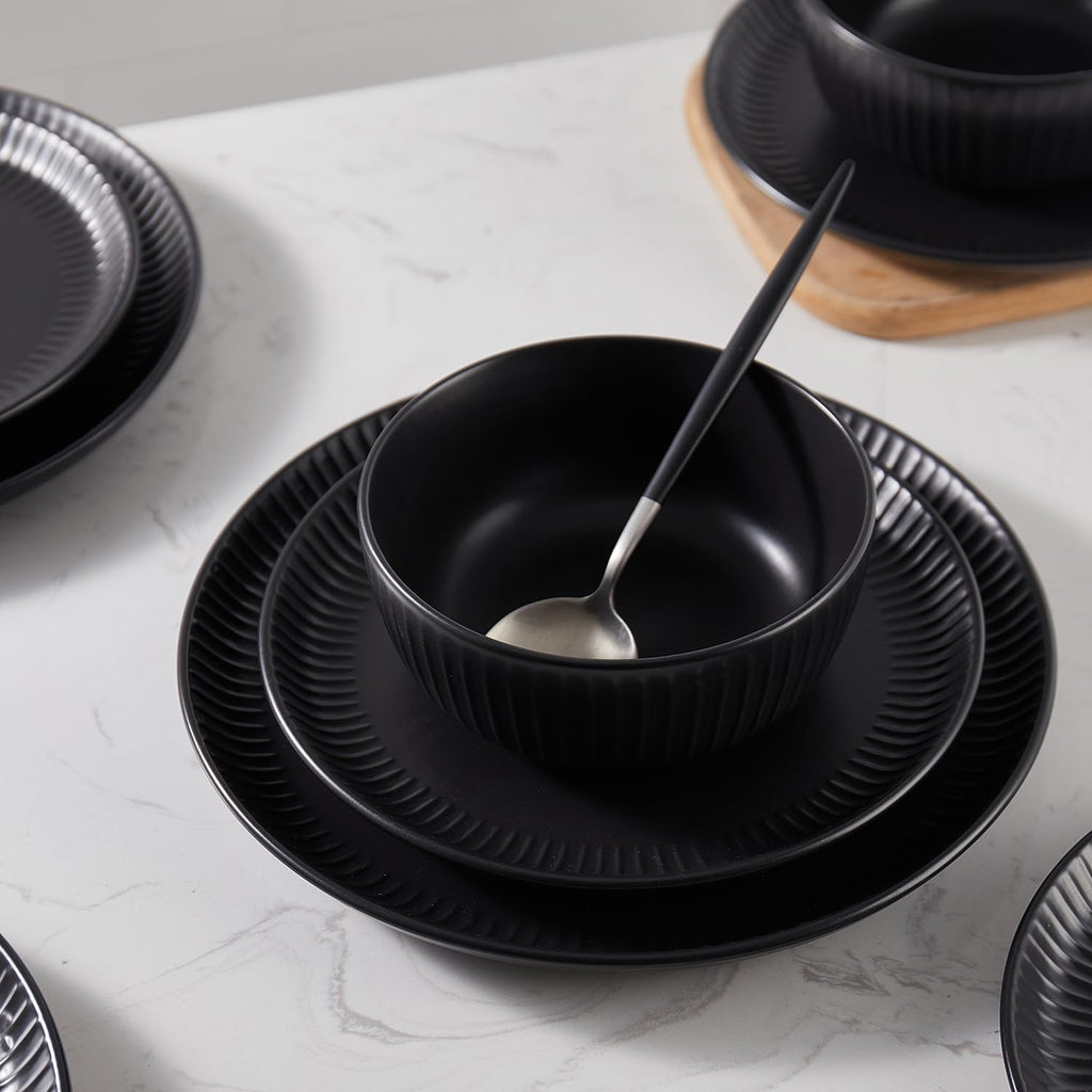Stone Lain Logan 24 Pieces Stoneware Dinnerware Set, Black