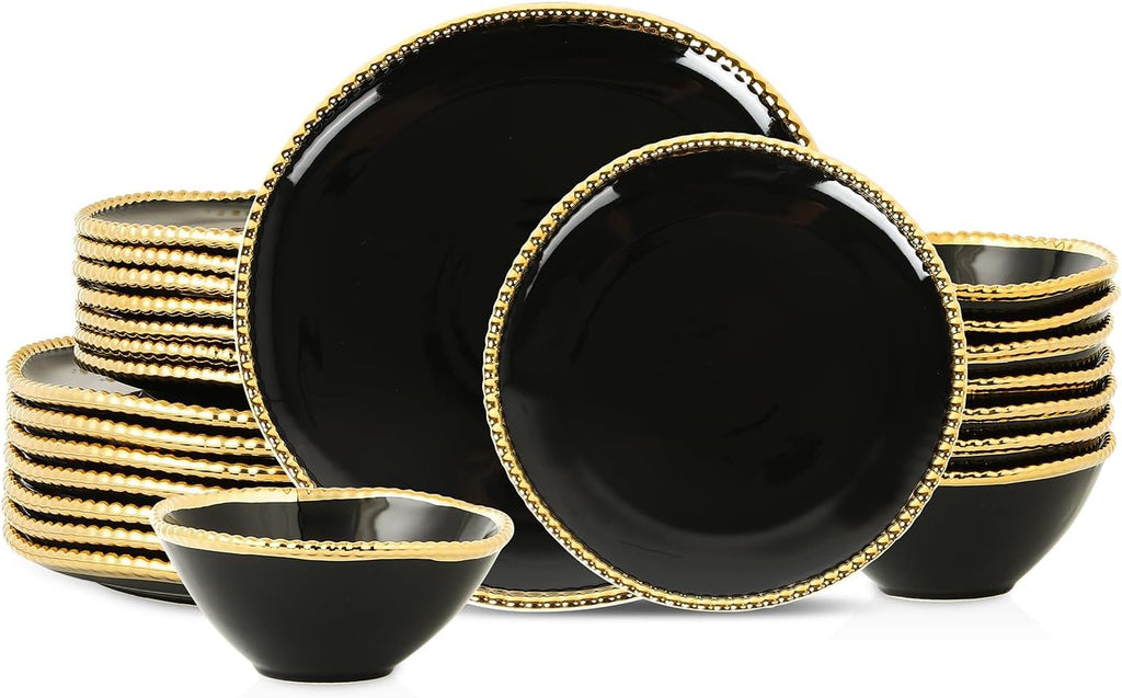 Christian Siriano Akoya Porcelain Dinnerware Set, 24-Piece - Dish Set for 8, Plates and Bowls Set, Black and Gold