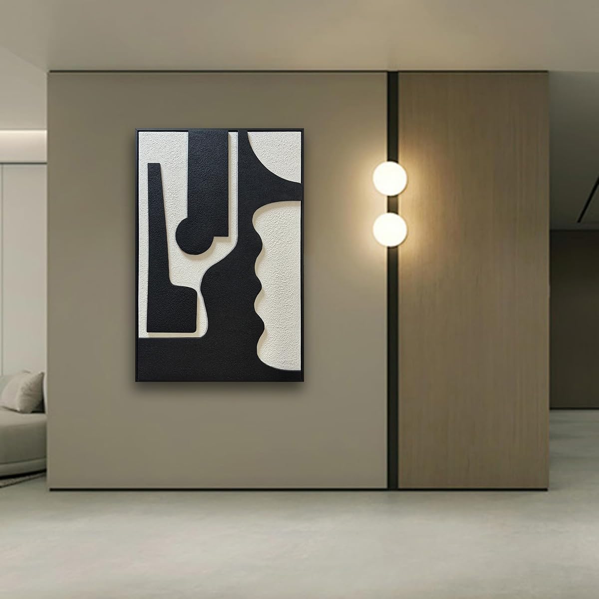 zoinart Black and White Textured Plaster Wall Art, 24x36 Black White Framed Artwork Wall for Home Decor, Minimalist Modern Monochrome Relief Art