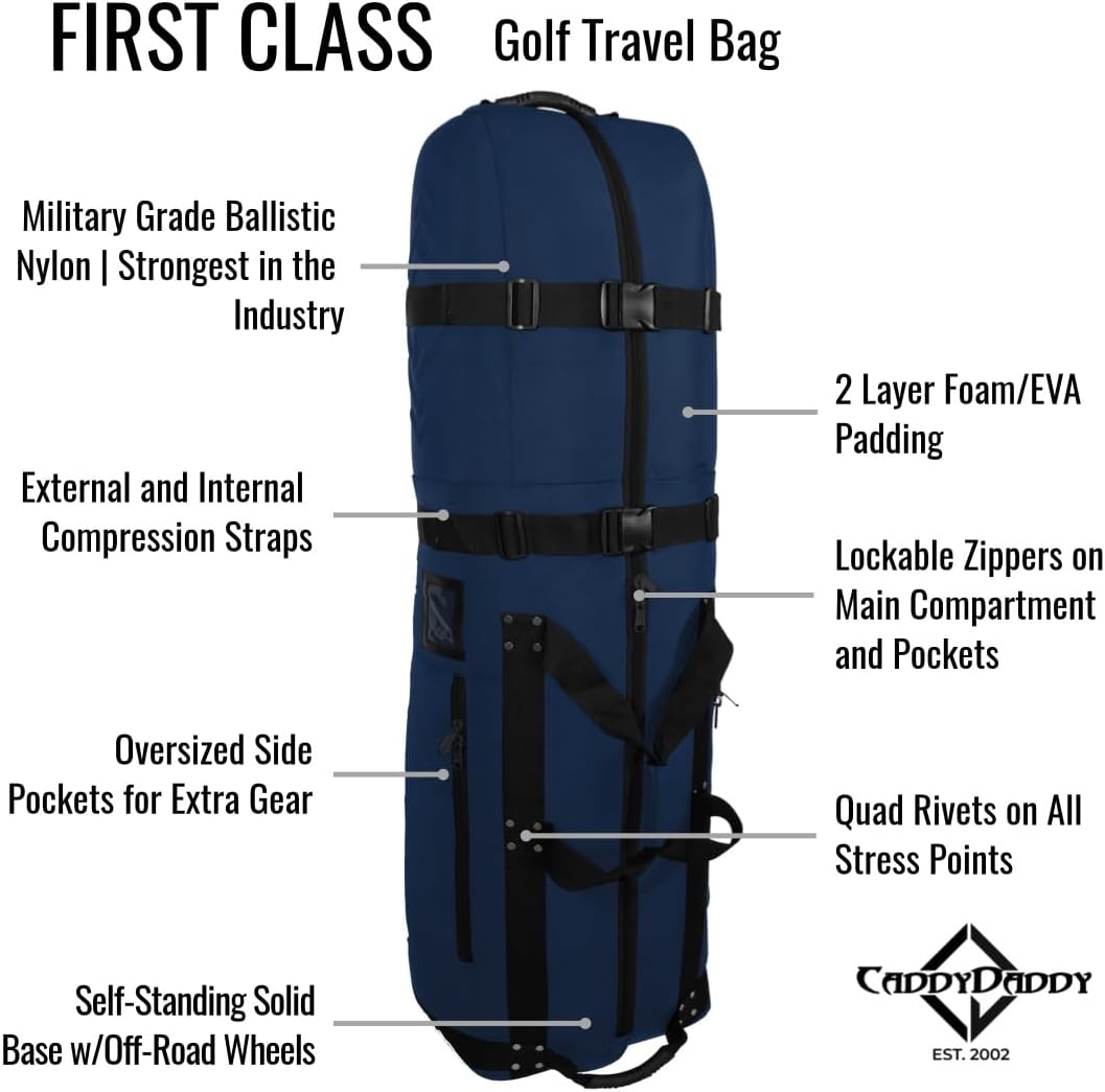 CaddyDaddy First Class Military Grade Ballistic Nylon Travel Cover with EVA Dense Foam Top Padding 2 Year Full Replacement Coverage Self Standing Base XL Wheels Case for Transporting Clubs on Airlines