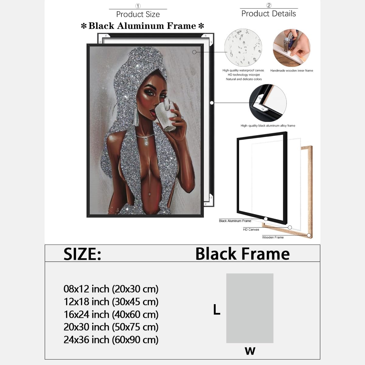 African American Black Women Wall Art Girl Popular Canvas Print Painting Black Woman Silver Glitter Textured Posters for Home Living Room Bethroom dorm Bathroom Wall Decor 20x30inch Black Framed
