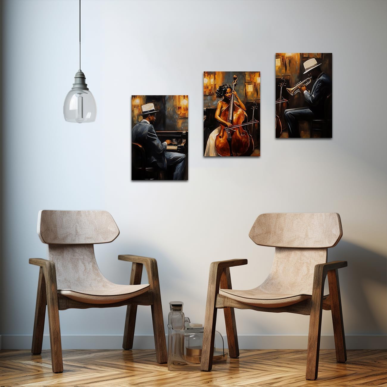 LZIMU Jazz Wall Art Abstract Black Music Picture African American Music Canvas Prints Vintage Jazz Band Painting for Musical Club Classroom Decor Framed (Brown, 24.00' x 36.00' x 3PCS)