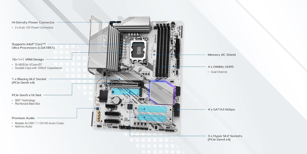 ASRock Z890 Pro RS WiFi 6E White Intel Core Ultra LGA1851 RL-ILM DDR5 8666 MHz 256 GB ATX Motherboard M.2