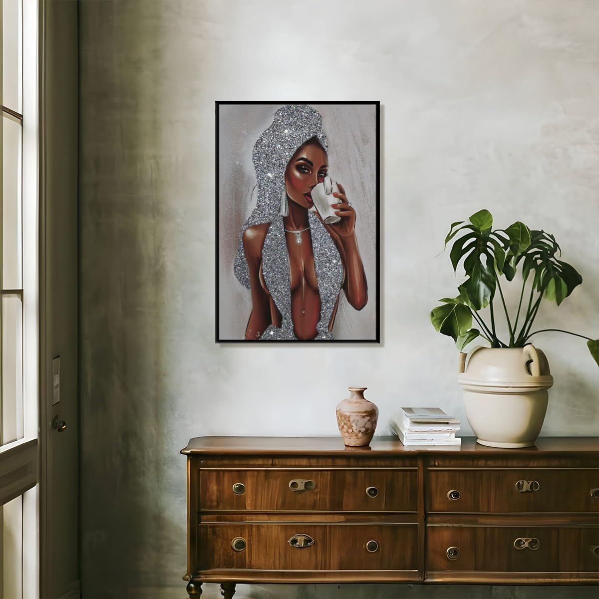 African American Black Women Wall Art Girl Popular Canvas Print Painting Black Woman Silver Glitter Textured Posters for Home Living Room Bethroom dorm Bathroom Wall Decor 24x36inch Black Framed