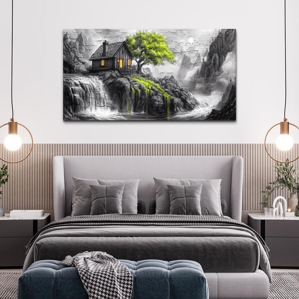 ERQINHUA Large Canvas Wall Art For Living Room Large Wall Decor For Bedroom Office Black And White Wall Painting Decor Green Tree Landscape Picture Artwork Modern Home Decor Ready To Hang 30'X60'