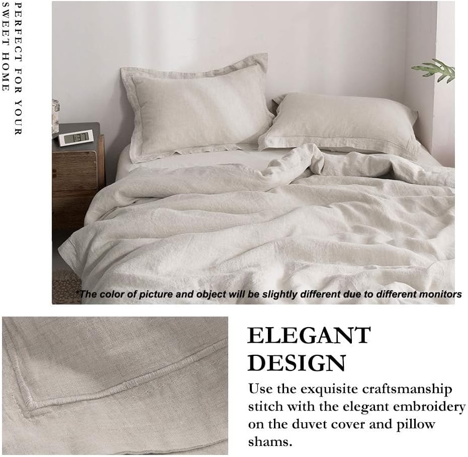 Simple&Opulence 100% French Flax Linen Duvet Cover Set with Embroidery Washed - 3 Pieces (1 Duvet Cover with 2 Pillow Shams) with Button Closure Soft Breathable Farmhouse - Linen, King Size