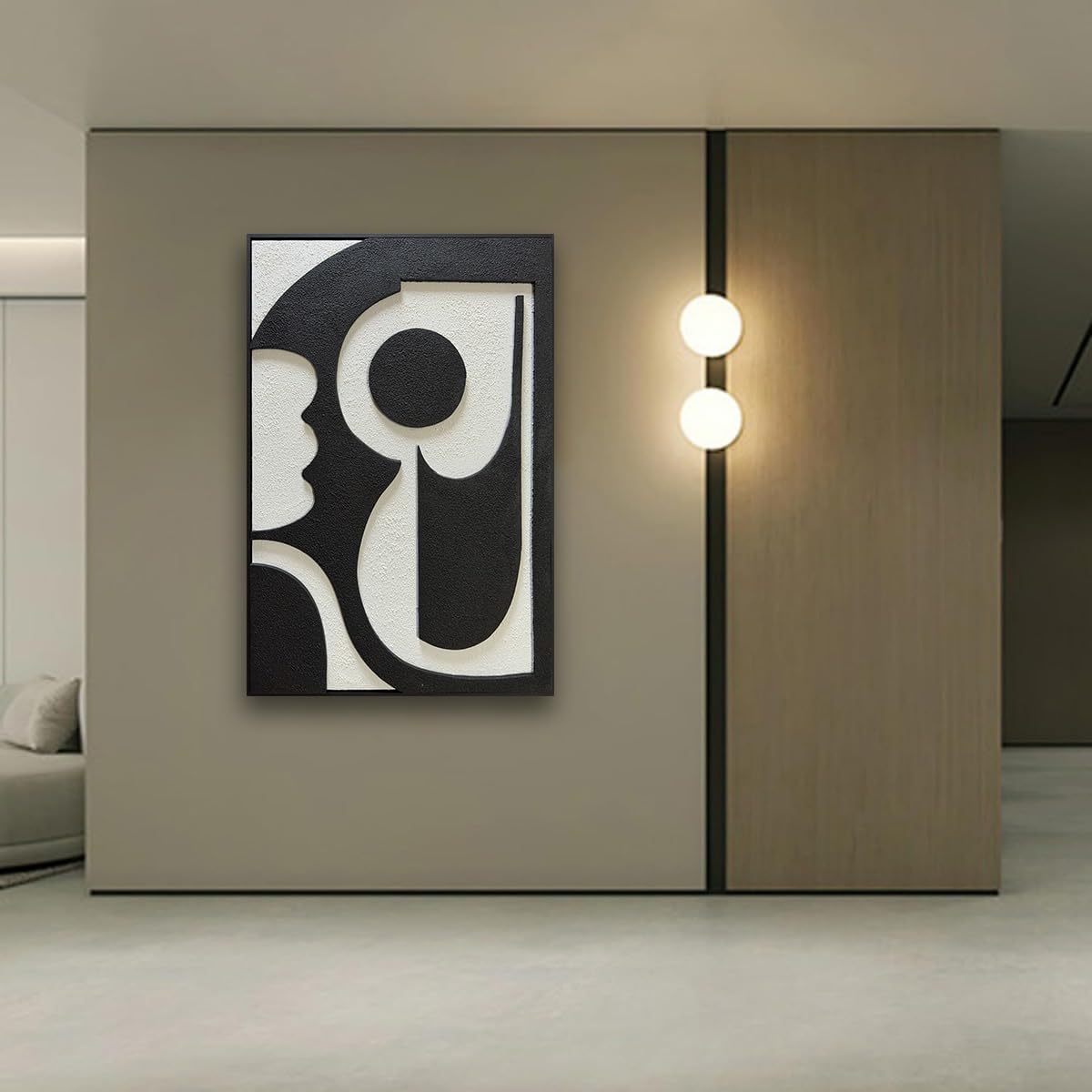 zoinart Minimalist Black and White Thick Textured Plaster Wall Art, Black White Framed Artwork Wall for Home Decor, Modern Monochrome Relief Art