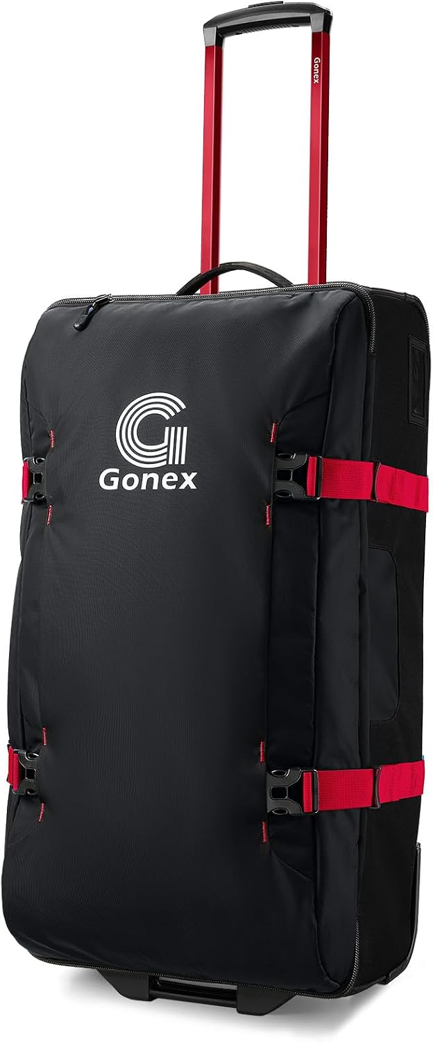Gonex Rolling Duffle Bag with Wheels, Water-repellent 90L Nylon Large Wheeled Travel Duffel Luggage with TSA Lock & Telescopic Handle 30 inch, Black & Red