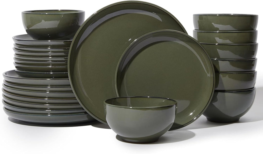 Pokini 24 Piece Dinnerware Set for 8, Santorini Mist Terracotta Plates and Bowls Sets, Complete Stoneware Dish Set for Large Families and Entertaining, Microwave & Dishwasher Safe, Blackish Green