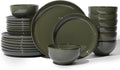 Pokini 24 Piece Dinnerware Set for 8, Santorini Mist Terracotta Plates and Bowls Sets, Complete Stoneware Dish Set for Large Families and Entertaining, Microwave & Dishwasher Safe, Blackish Green