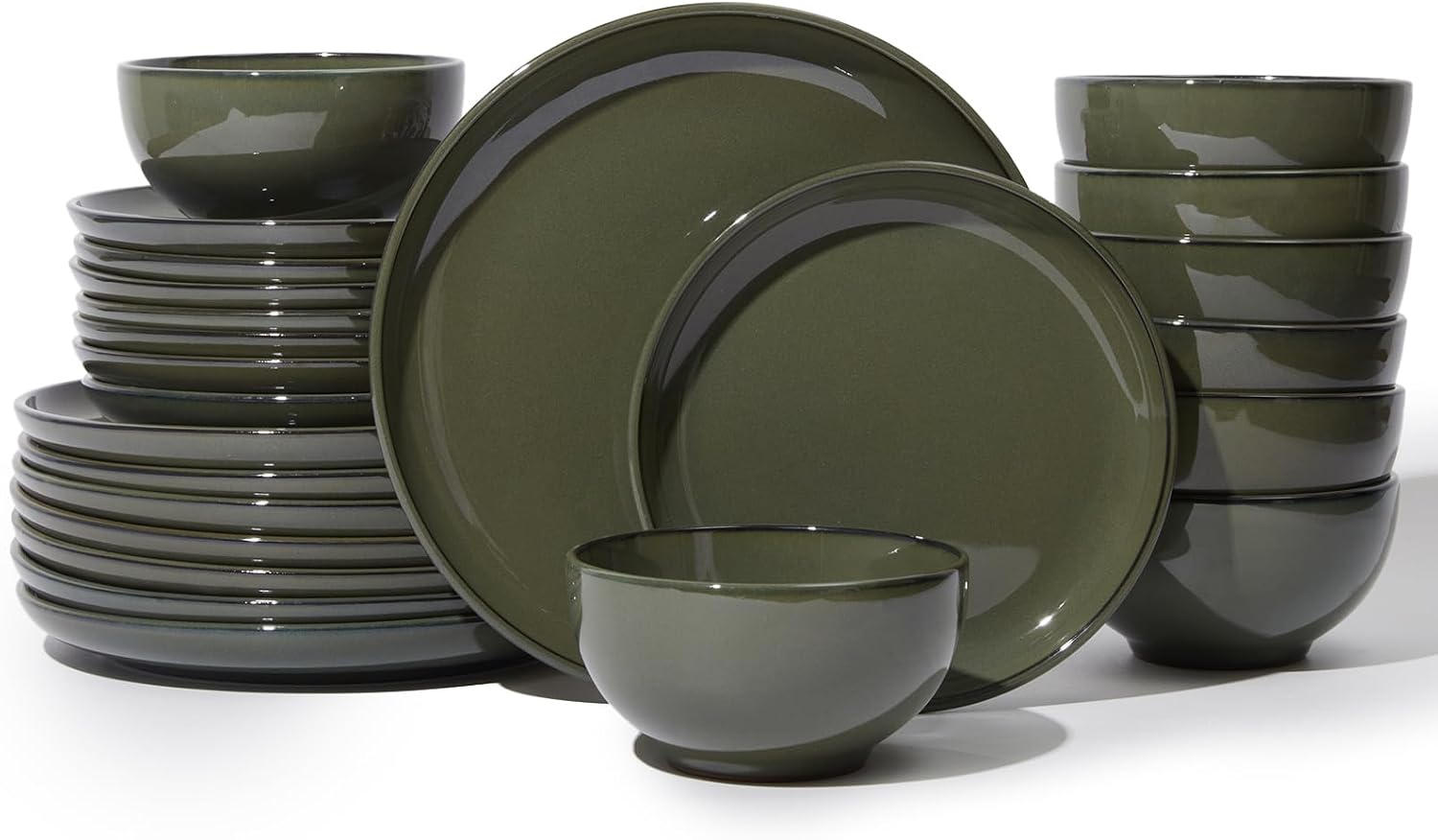 Pokini 24 Piece Dinnerware Set for 8, Santorini Mist Terracotta Plates and Bowls Sets, Complete Stoneware Dish Set for Large Families and Entertaining, Microwave & Dishwasher Safe, Blackish Green