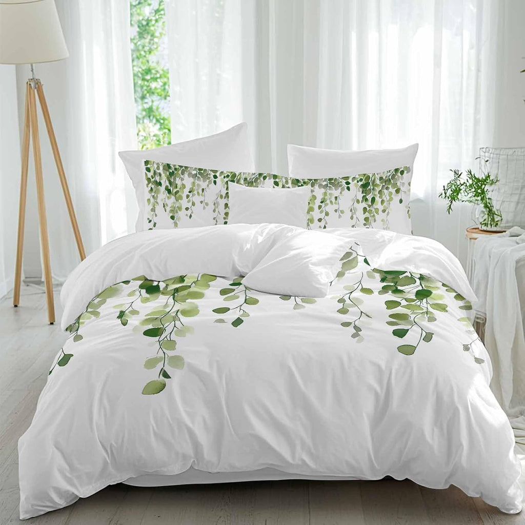 Spring Duvet Cover Set Queen Size 4 Pieces Watercolor Green Eucalyptus Leaves Botanical Plant Bedding Set with Zipper Closure, 1 Comforter Cover 92x106 Inches 1 Flat Sheet & 2 Pillow Cases