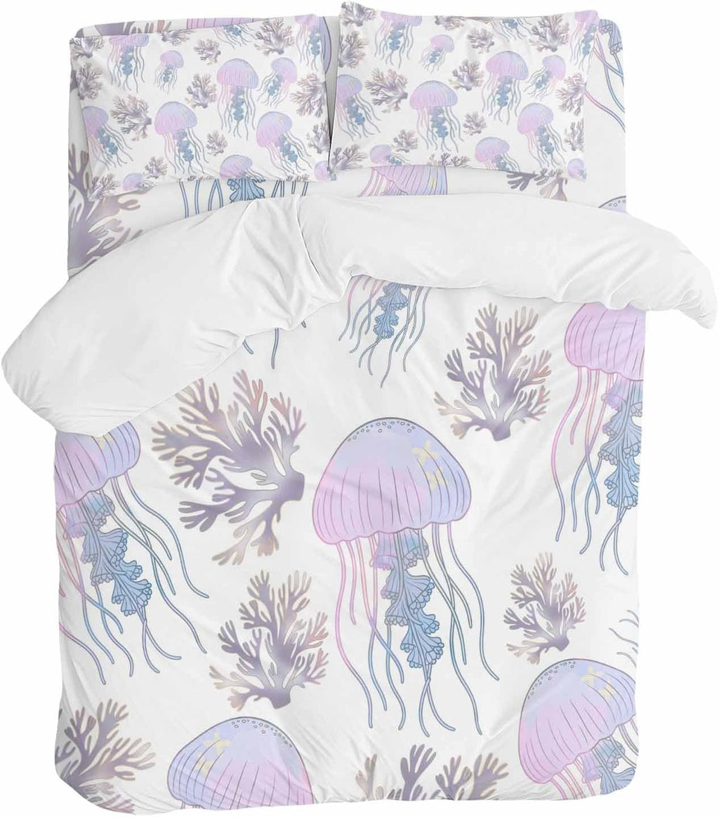 Prime Leader Jellyfish Coral Duvet Cover Set Queen Size 4 Pieces Dreamy Pink Purple Ocean Coastal Bedding Set with Zipper Closure, 1 Comforter Cover 86x86 Inches 1 Flat Sheet & 2 Pillow Cases