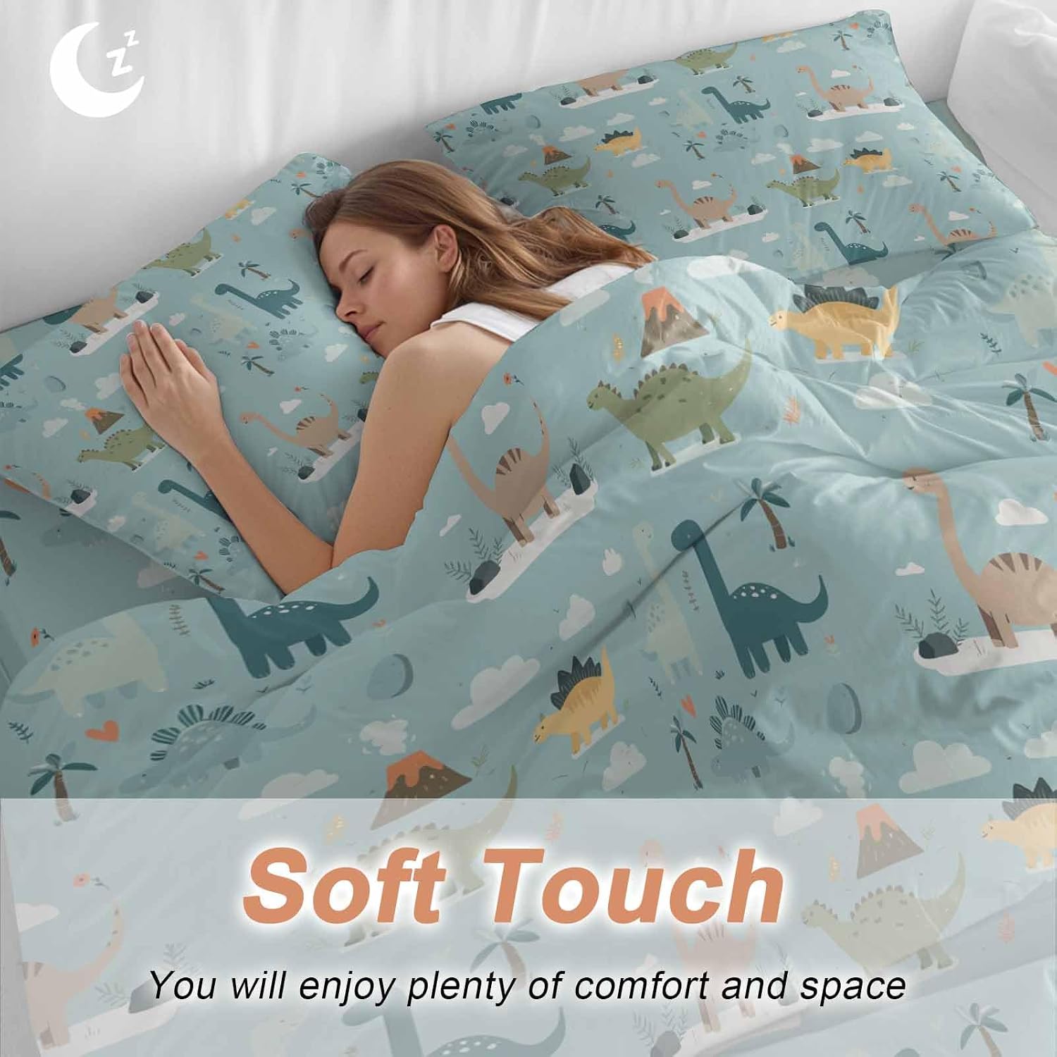 Green Cute Dinosaurs Duvet Cover Set Queen Size 4 Pieces Lovely Colorful Cartoon Animals Tree Cloud Bedding Set with Zipper Closure, 1 Comforter Cover 90x92 Inches 1 Flat Sheet & 2 Pillow Cases
