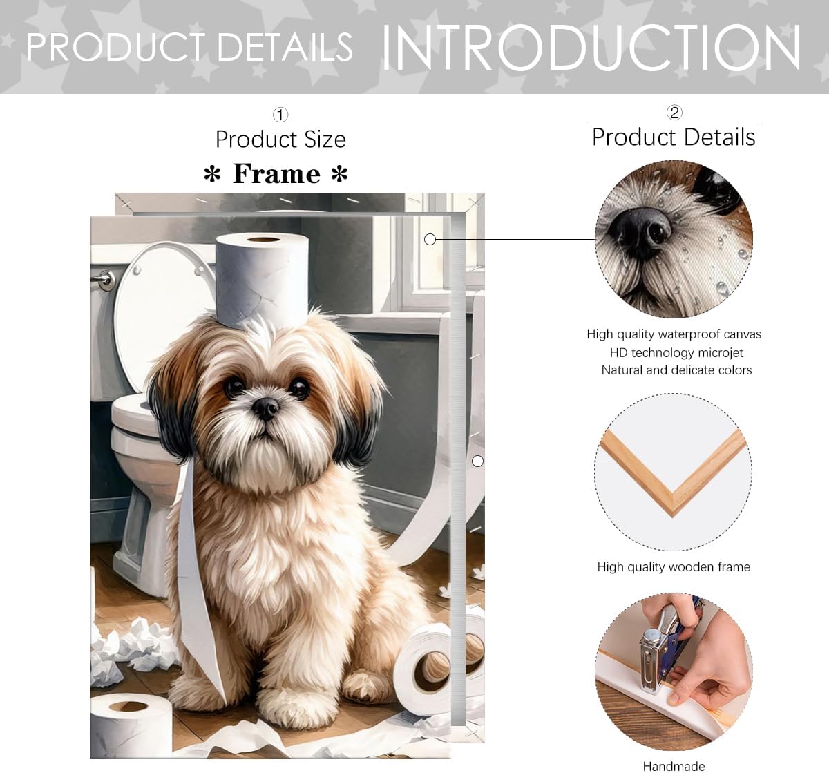 Funny Shih Tzu Toilet Paper Whimsy Cute Animal Bathroom Canvas Wall Art Humor Dog Print Painting for Modern Home Decor Kid Bathrooms Toilet Decoration 20x30in Framed