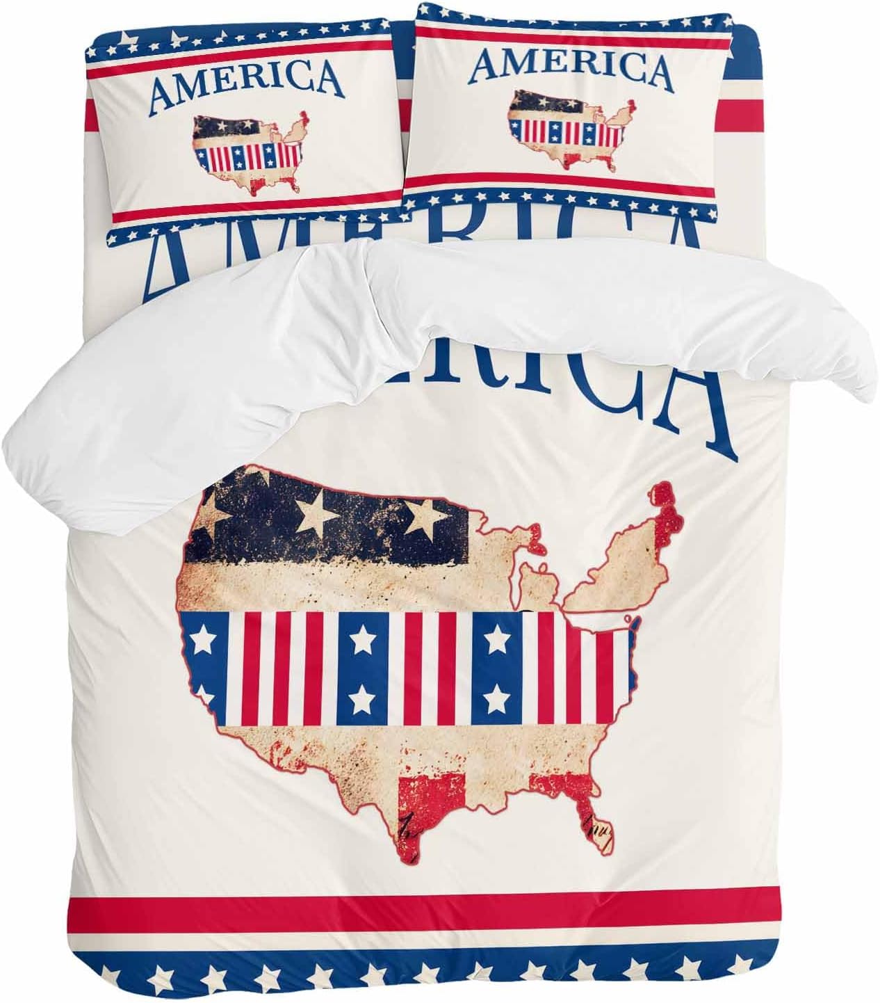 Independence Day Duvet Cover Set Queen Size 4 Pieces American Flag Retro Map Beige Background Red Stripes Bedding Set with Zipper Closure, 1 Comforter Cover 86x86 Inches 1 Flat Sheet & 2 Pillow Cases