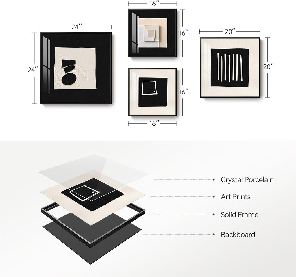 4 Piece Framed Modern Black and White Wall Art for Living Room, Large Abstract Minimalist Geometric Artworks for Walls, Bright Style Picture Prints Paintings for Dining Room Hallway Office Wall Decor