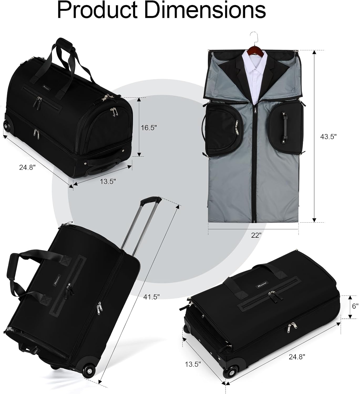 Modoker Convertible Rolling Garment Bag for Travel, Suit Travel Bag with Trolley, Garment Duffel Bag with Wheels & Shoes Compartment for Business Trip, Weekender - Black