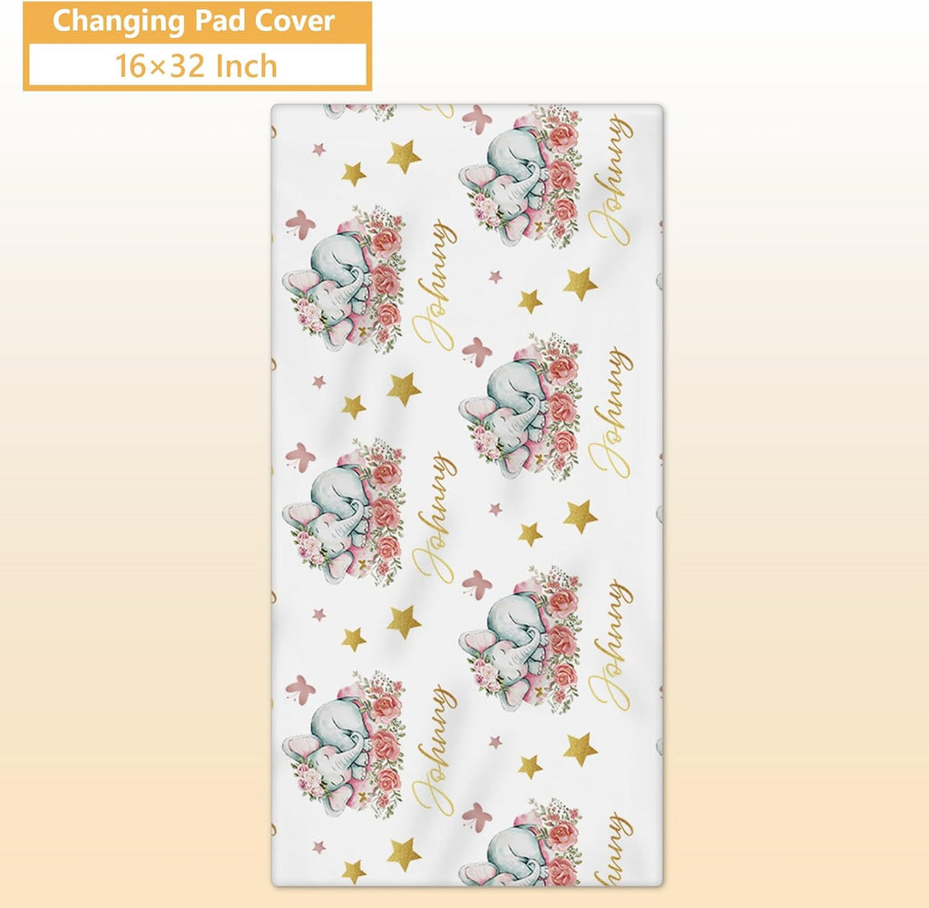 Terwex Custom Baby Crib Bedding Set, 5 Pcs Personalized Name Baby Crib Sets for Infant Toddler, Floral Elephant Nursery Bedding Set for Baby Girls, Double Layer Baby Bedding Sets Customized Gifts