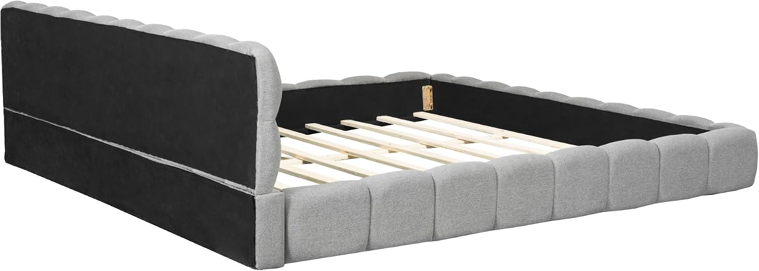 GOWE King Size Upholstered Platform Bed with Thick Fabric, Grounded Bed with Solid Frame, Gray