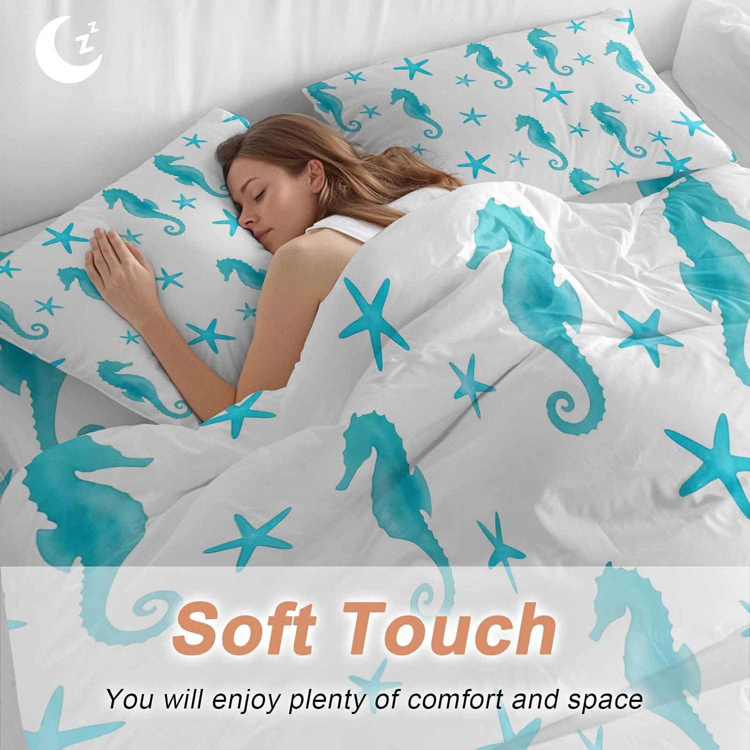Turquoise Marine Life Duvet Cover Set Queen Size 4 Pieces Summer Seahorse and Starfish Ocean Bedding Set with Zipper Closure, 1 Comforter Cover 92x106 Inches 1 Flat Sheet & 2 Pillow Cases