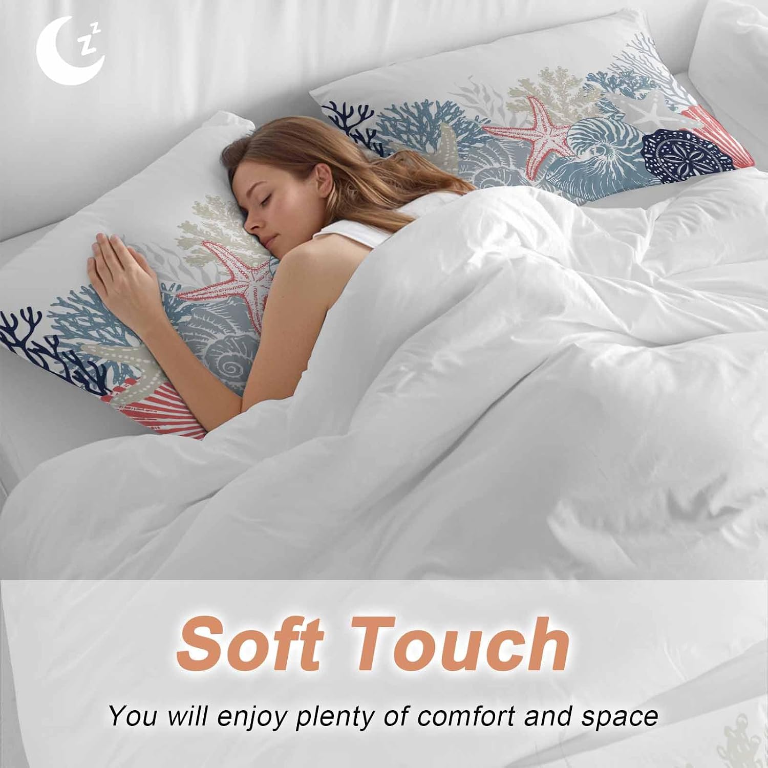 Summer Marine Life Duvet Cover Set Queen Size 4 Pieces Ocean Coral Coastal Starfish Blue Conch Bedding Set with Zipper Closure, 1 Comforter Cover 86x86 Inches 1 Flat Sheet & 2 Pillow Cases