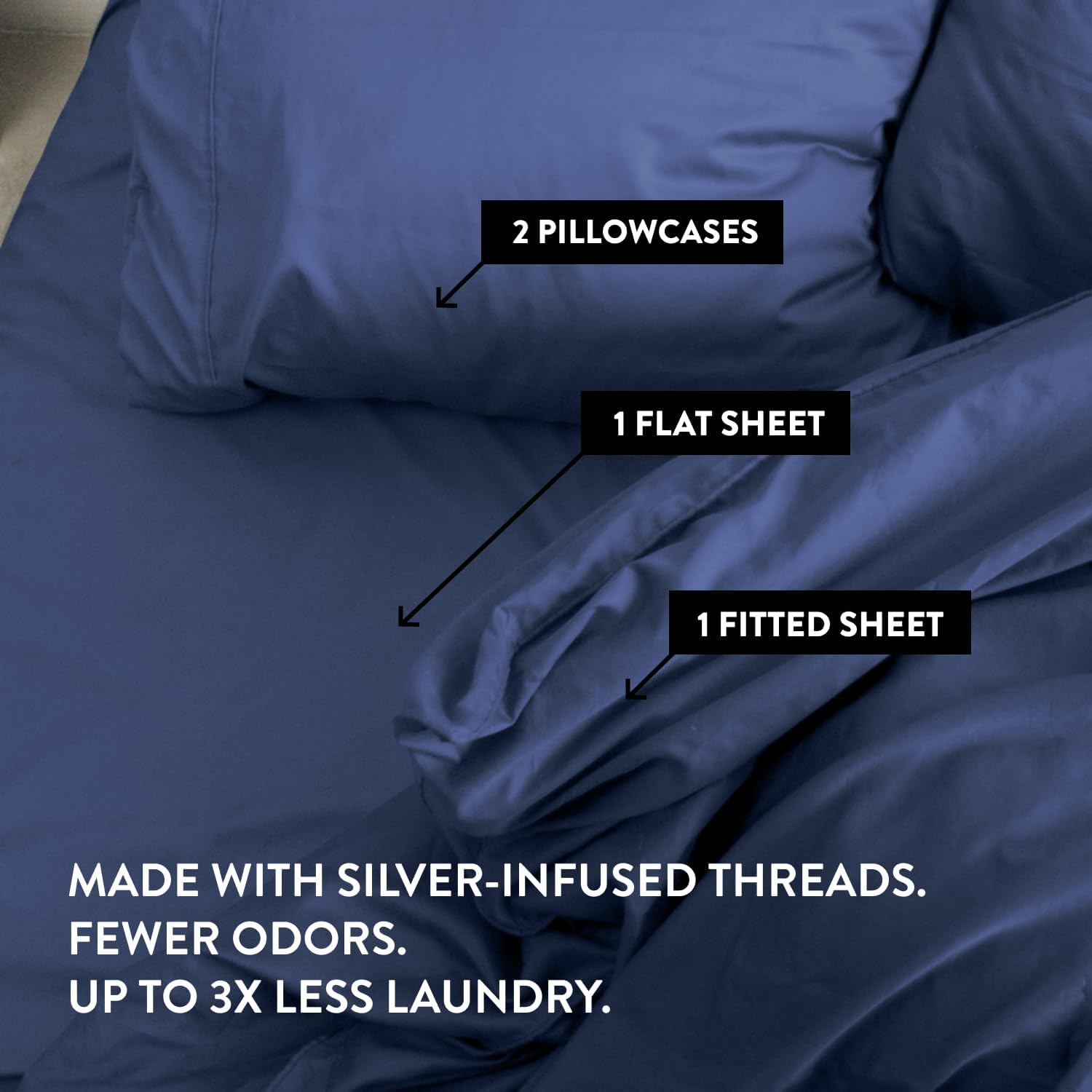 Miracle Made Extra Luxe Soft, Cool-to-the-Touch Cotton Bed Sheet Set, 4-Piece – Silver-Treated, Breathable, Lightweight Bedding – King Size, Navy
