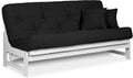 Nirvana Futons Arden White Futon Set Full or Queen Size - Armless Wood Futon Frame with Mattress Included (Twill Black), Space Saving Modern Sofa Bed Sleeper