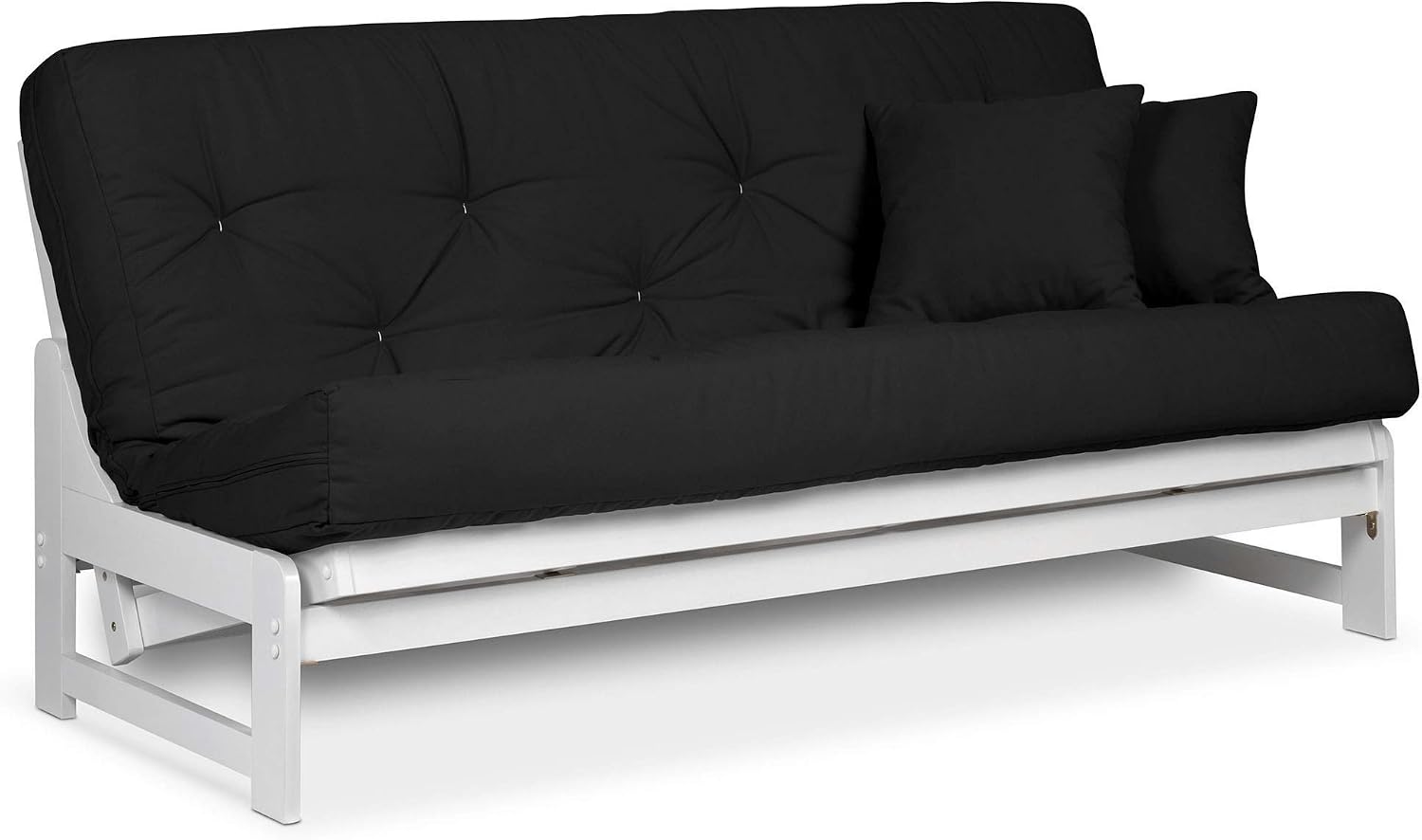 Nirvana Futons Arden White Futon Set Full or Queen Size - Armless Wood Futon Frame with Mattress Included (Twill Black), Space Saving Modern Sofa Bed Sleeper