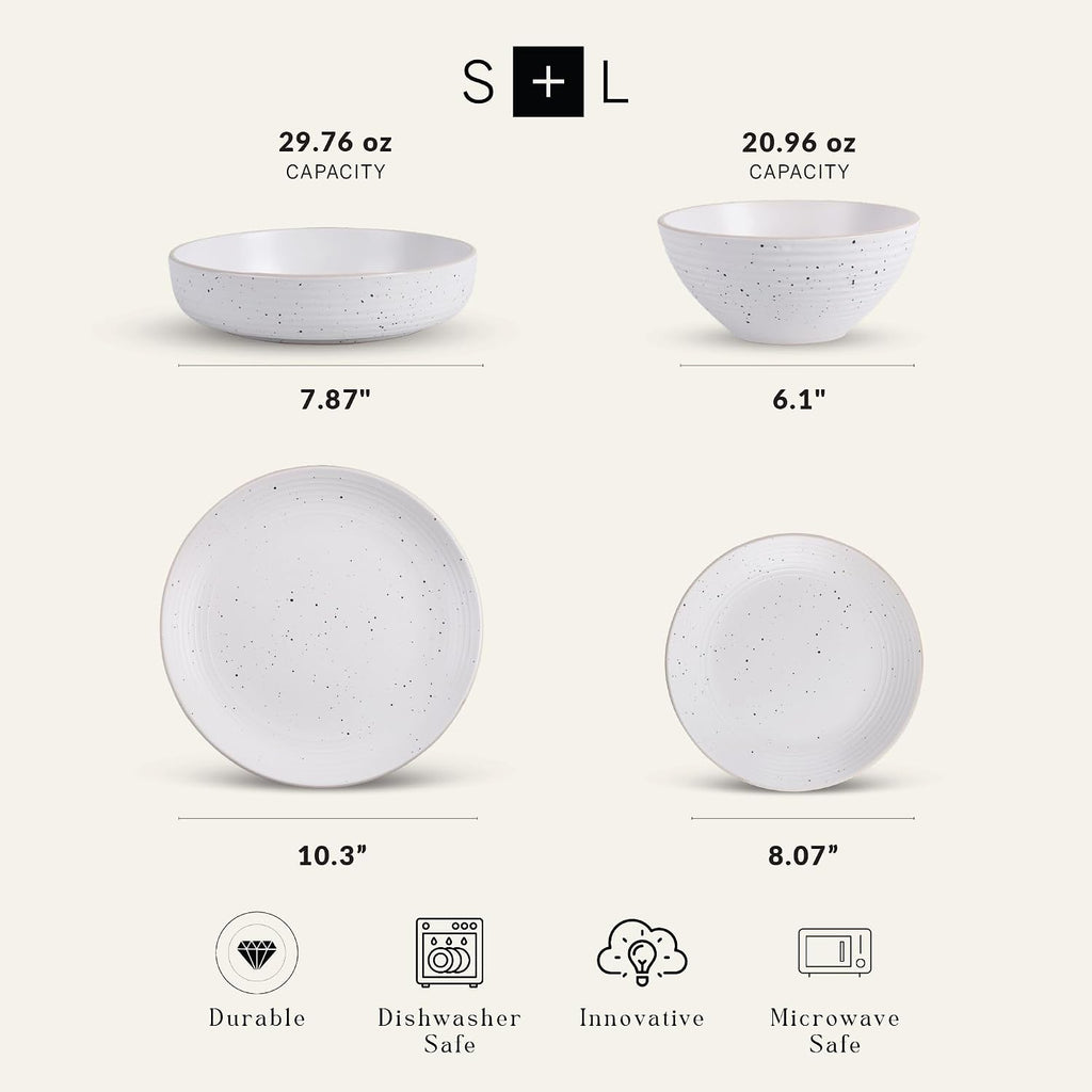 Stone Lain Lauren Modern Stoneware 32-piece Round Dinnerware Set, Plates and Bowls Set, Dish set for 8, Off White