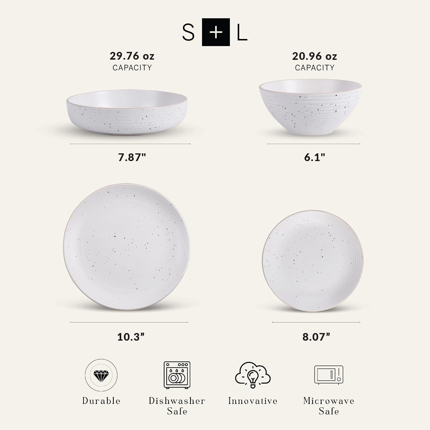 Stone Lain Lauren Modern Stoneware 32-piece Round Dinnerware Set, Plates and Bowls Set, Dish set for 8, Off White