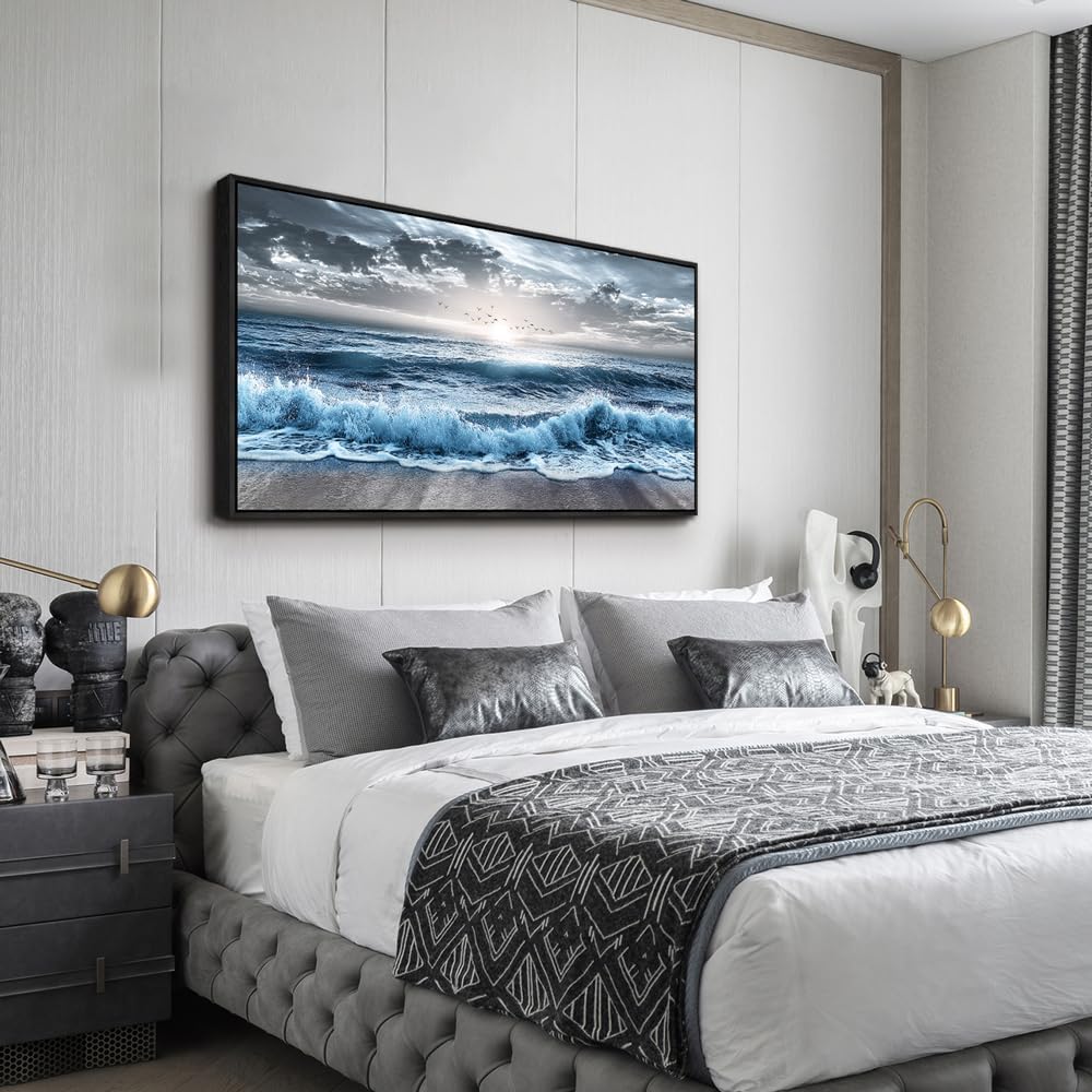 ERQINHUA Large Canvas Wall Decor For Bedroom Wall Art For Living Room Office Decor Blue Beach Sea Wave Paintings Sunrise Ocean Seascape Wall Pictures Artwork Modern Home Decor Black Frame 24x48 In