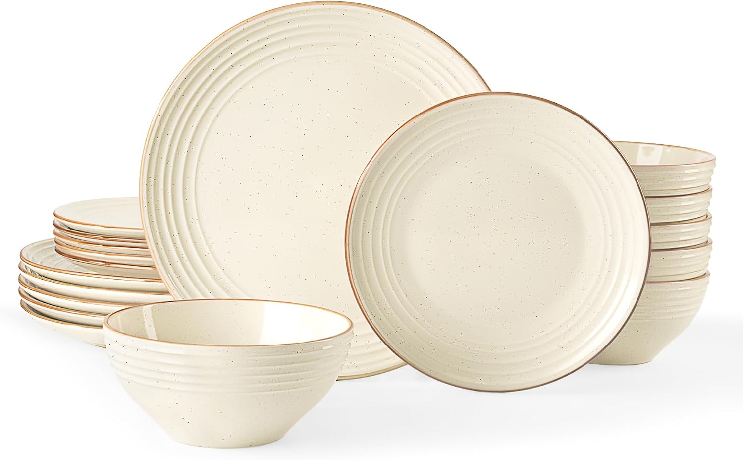Famiware Jupiter 18-Piece Stoneware Dinnerware Sets for 6 – Handcrafted Plates and Bowls with Speckles & Embossed Swirls, Chip & Scratch Resistant, Modern Dishes for Daily & Formal Use, Vanilla White