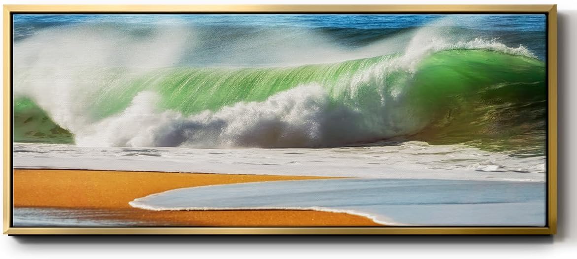 Renditions Gallery Floater Framed Home Decor Green Ocean Waves Painting Canvas Wall Hangings for Office Bedroom Kitchen Lobby - 20'x50' Gold Frame LT618