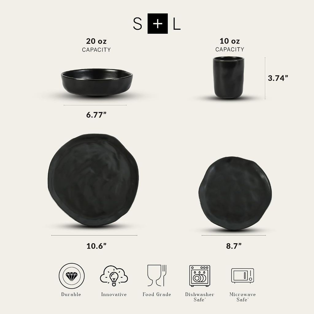 Stone by Mercer Project HEKONDA Modern Stoneware 32-Piece Dinnerware Set, Plate and Bowl Set, Dish Set for 8, Black