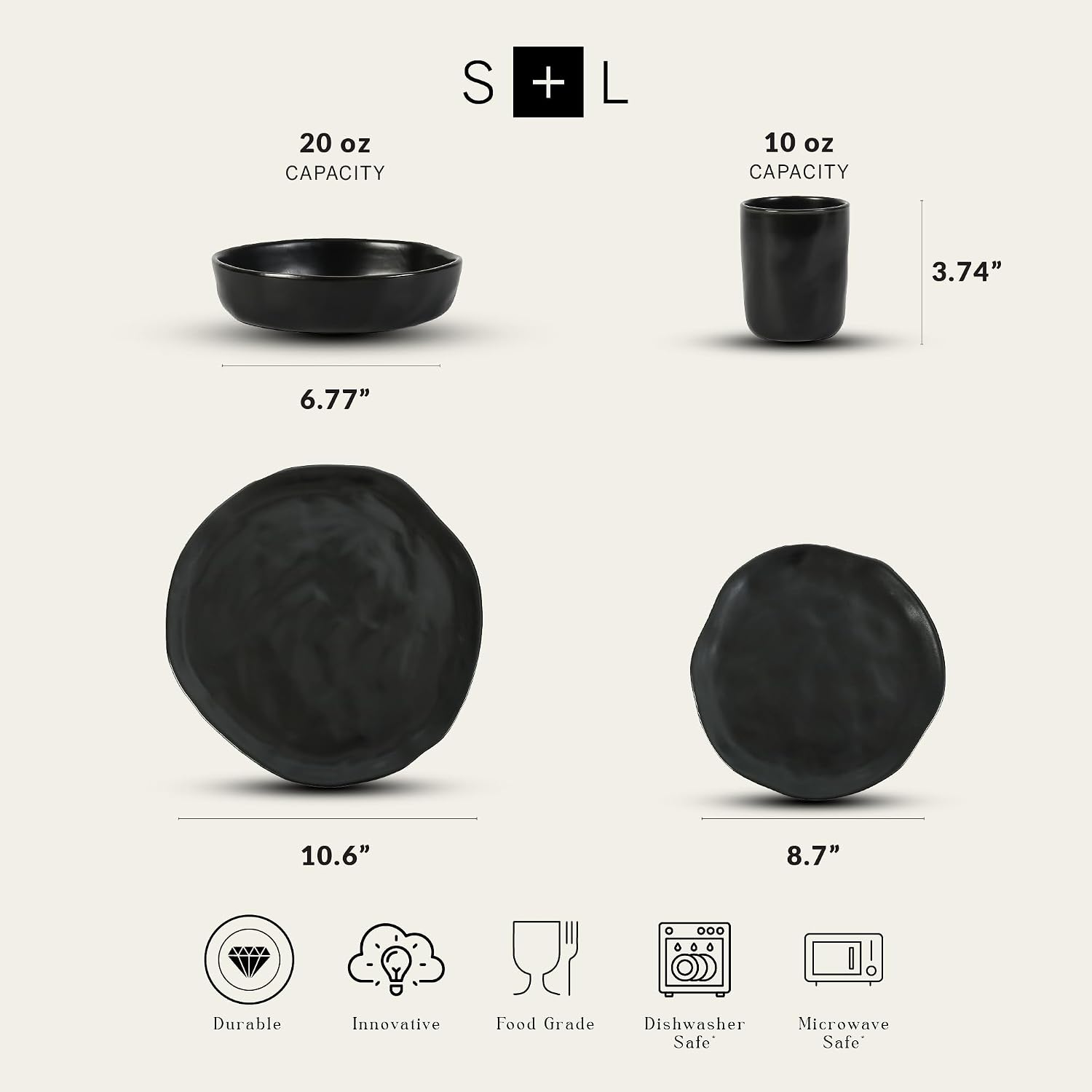 Stone by Mercer Project HEKONDA Modern Stoneware 32-Piece Dinnerware Set, Plate and Bowl Set, Dish Set for 8, Black