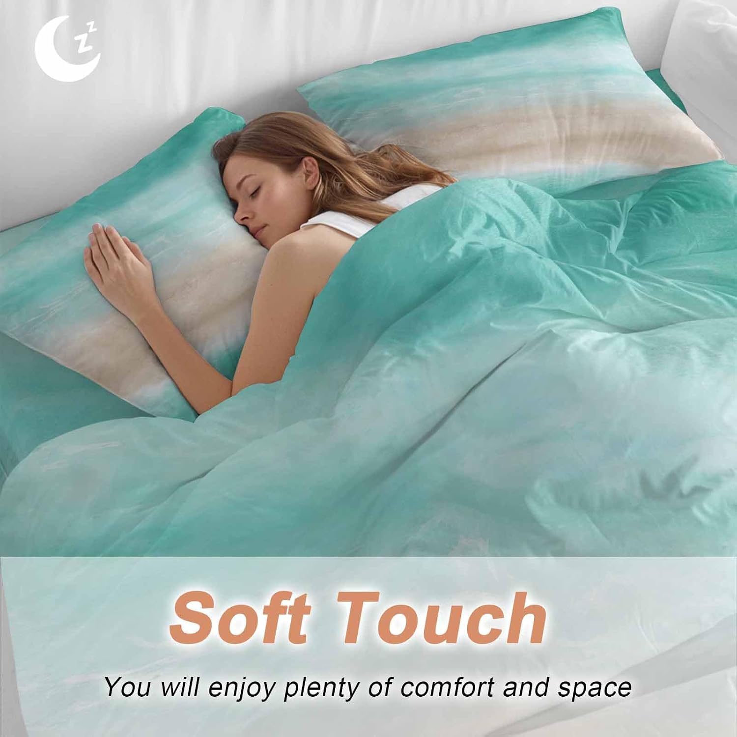 Summer Beach Duvet Cover Set Queen Size 4 Pieces Teal Green Gradient Ocean Wave Beige Sand Abstract Bedding Set with Zipper Closure, 1 Comforter Cover 86x86 Inches 1 Flat Sheet & 2 Pillow Cases