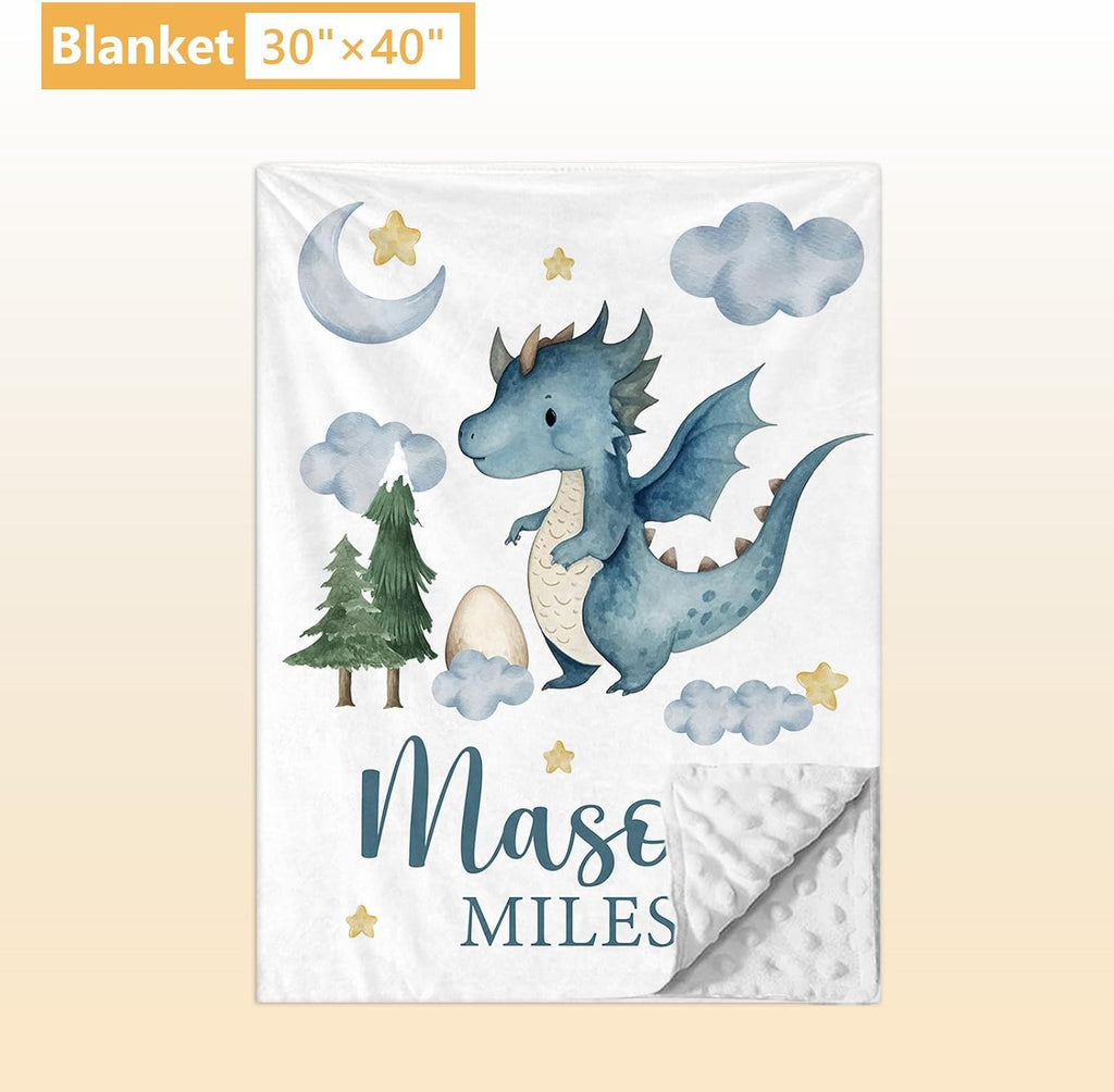 Terwex Custom Baby Crib Bedding Set, 5 Pcs Personalized Name Baby Crib Sets for Infant Toddler, Blue Dinosaur Nursery Bedding Set for Baby Boy, Double Layer Baby Bedding Sets Customized Gifts