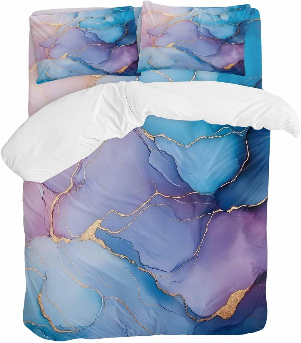 Prime Leader Abstract Impressionist Duvet Cover Set Queen Size 4 Pieces Blue Marble Texture Bedding Set with Zipper Closure, 1 Comforter Cover 86x86 Inches 1 Flat Sheet & 2 Pillow Cases