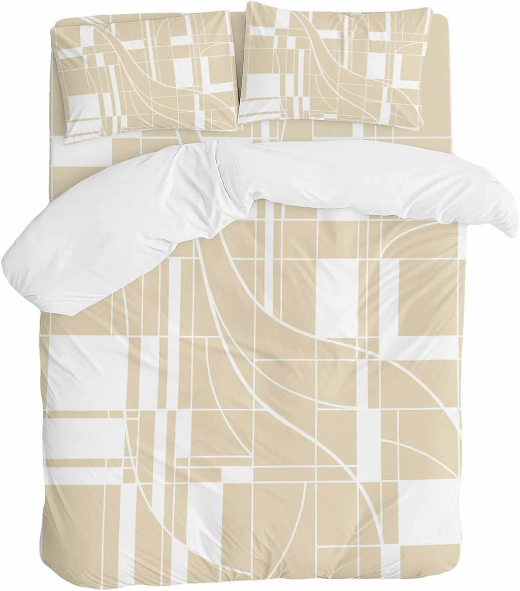 Prime Leader Lines Duvet Cover Set Queen Size 4 Pieces Abstarct Geometric White Lines Plaid Light Brown Bedding Set with Zipper Closure, 1 Comforter Cover 90x92 Inches 1 Flat Sheet & 2 Pillow Cases
