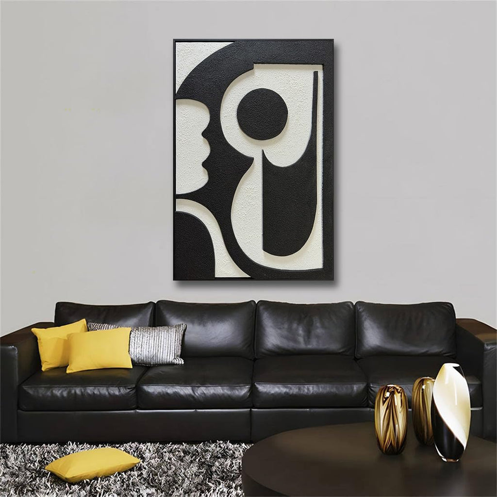 zoinart Minimalist Black and White Thick Textured Plaster Wall Art, Black White Framed Artwork Wall for Home Decor, Modern Monochrome Relief Art