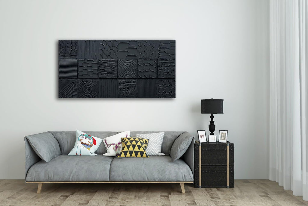 zoinart Pure Black Textured Wall Art 48x24 Inches Modern Abstract Oil Paintings on Canvas Wall Art for Living Room Bedroom Wall Decor