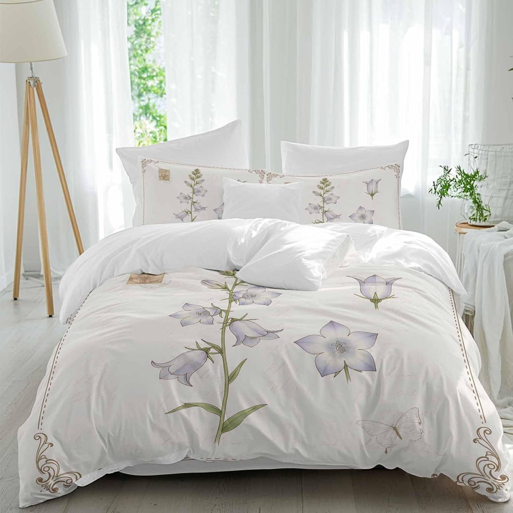 Purple Bellflowers Duvet Cover Set Queen Size 4 Pieces Country Pastoral Watercolor Flowers Green Leaf Bedding Set with Zipper Closure, 1 Comforter Cover 86x86 Inches 1 Flat Sheet & 2 Pillow Cases