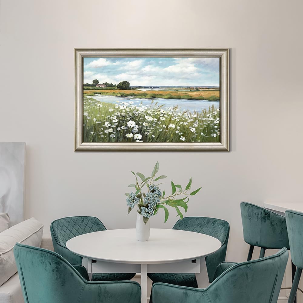 Lake Canvas Wall Art Framed: Flower Landscape Painting Picture Artwork Hand Painted Nature Scenery Print Decor for Living Room Bedroom Home Decoration