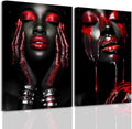 BJYCHG 2Pcs African American Canvas Wall Art Abstract Black Woman Face Painting Prints Fashion Black Female Portrait Poster Pictures Modern Girl Bedroom Room Decor (Red, (24x36inx2 Pieces))