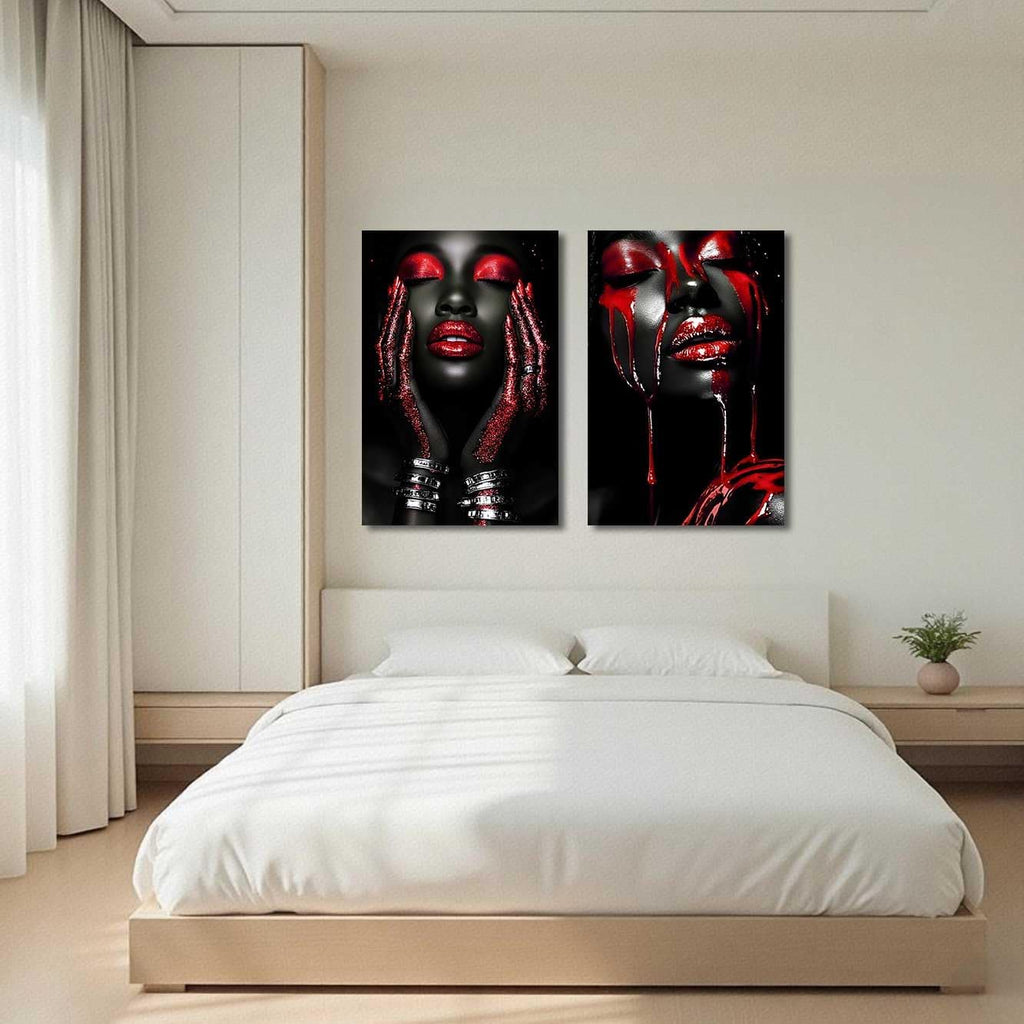 BJYCHG 2Pcs African American Canvas Wall Art Abstract Black Woman Face Painting Prints Fashion Black Female Portrait Poster Pictures Modern Girl Bedroom Room Decor (Red, (24x36inx2 Pieces))