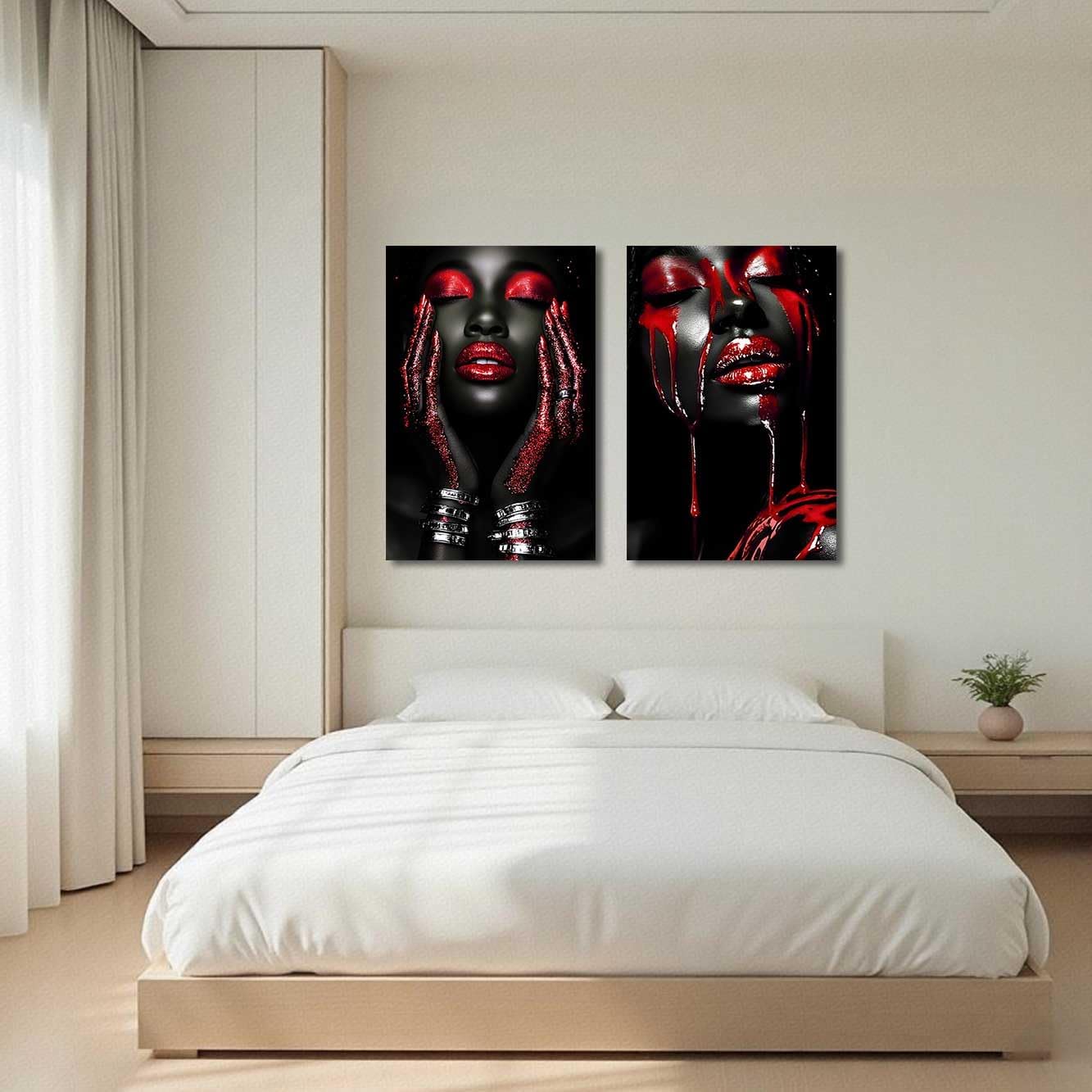 BJYCHG 2Pcs African American Canvas Wall Art Abstract Black Woman Face Painting Prints Fashion Black Female Portrait Poster Pictures Modern Girl Bedroom Room Decor (Red, (24x36inx2 Pieces))