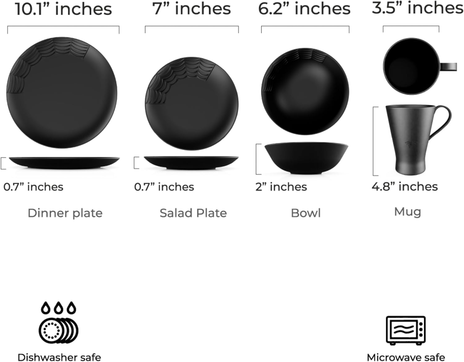 Nomnu Spiderweb Dinnerware Set (16 Pieces) - Goth Dinnerware Set - Black Matte Porcelain - 4 Dinner Plates 4 Salad Plates 4 Bowls 4 Mugs - Halloween Spooky Dishes Gothic Kitchen Decor Gifts