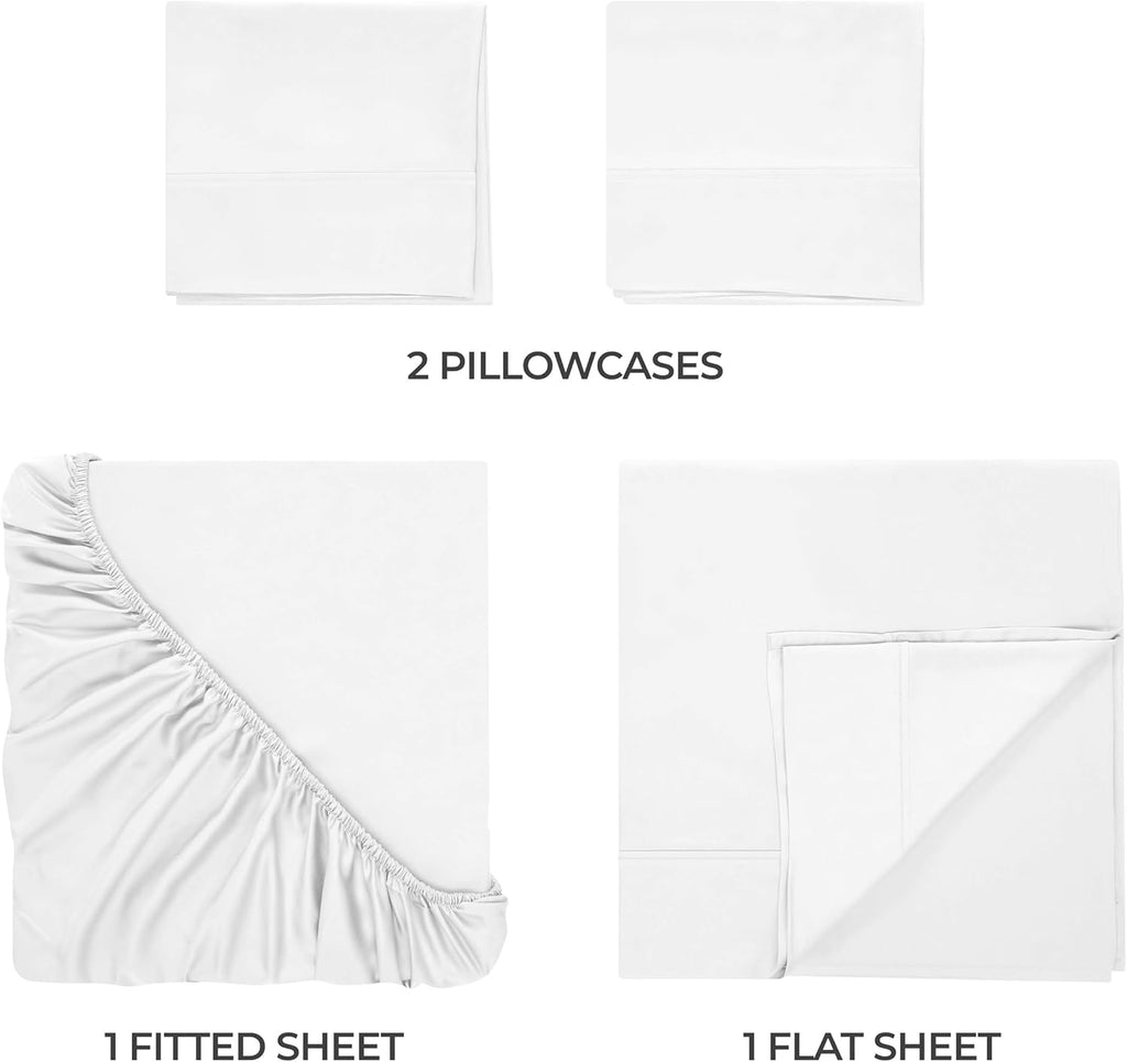 Superior Egyptian Cotton 400 Thread Count Bed Sheet Set, 1 Elastic Deep Pocket Fitted Sheet, 1 Flat Sheet, 2 Pillowcases, Soft Bedding, Luxury Sheets, Sateen Weave, Queen Size, White