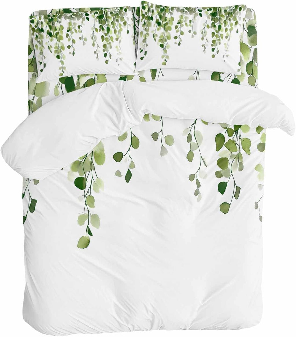Spring Duvet Cover Set Queen Size 4 Pieces Watercolor Green Eucalyptus Leaves Botanical Plant Bedding Set with Zipper Closure, 1 Comforter Cover 92x106 Inches 1 Flat Sheet & 2 Pillow Cases